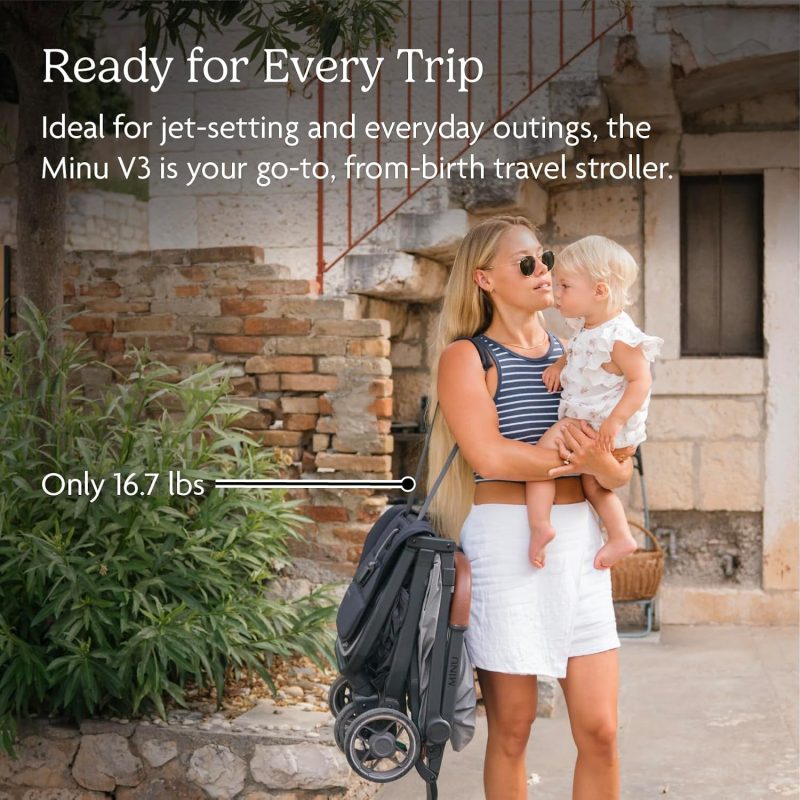 UPPAbaby Minu V3 Travel Stroller - Lightweight & Compact - James James (Black/Carbon Frame/Black Leather)