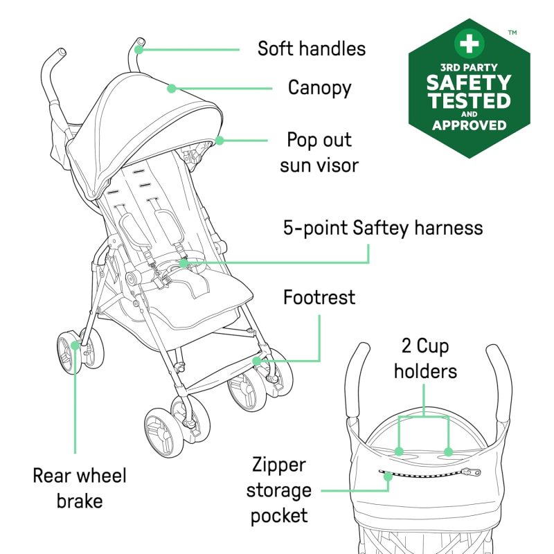 Ingenuity 3D Mini Convenience Stroller – Lightweight Stroller with Compact Fold, Multi-Position Recline, Canopy with Pop Out Sun Visor – Umbrella Stroller for Travel and More, Cashew Tan