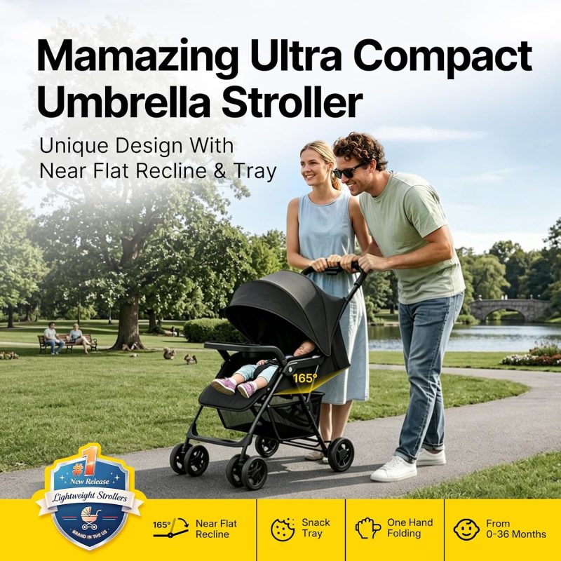 Mamazing Lightweight Umbrella Travel Stroller with Near-Flat Recline Seat Dark Stroller