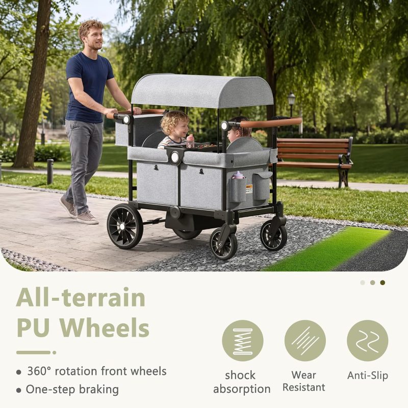 Kinder King Folding Wagon Stroller for 2 Kids, Shock-Absorbing Wheel, Gray