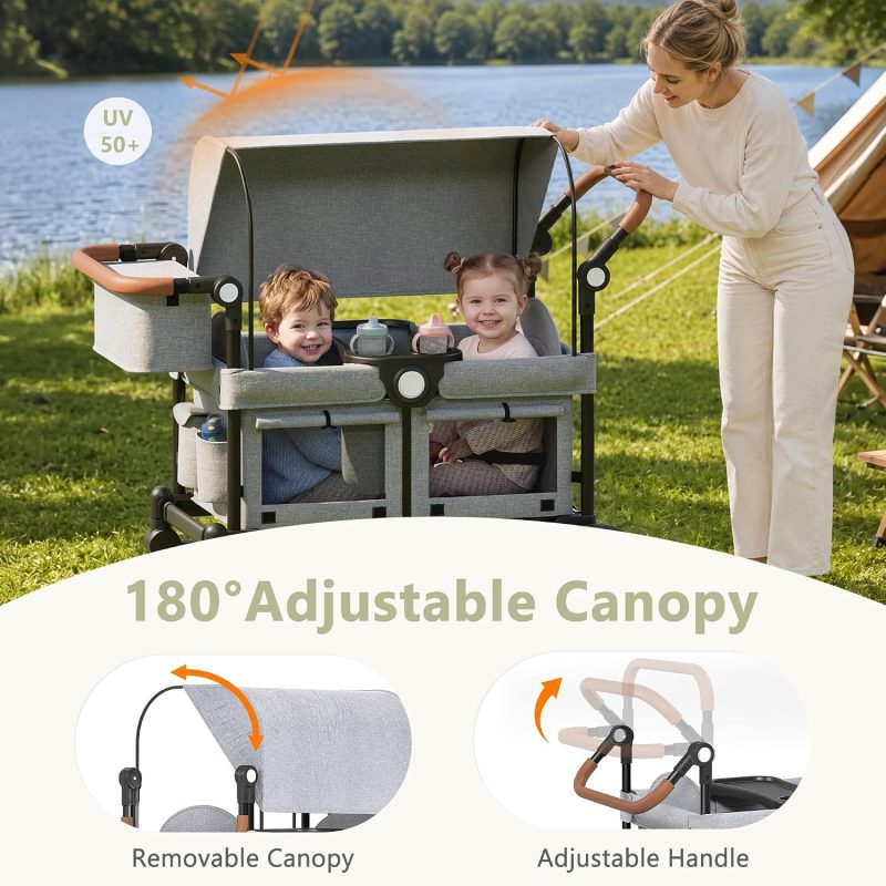 Kinder King Folding Wagon Stroller for 2 Kids, Shock-Absorbing Wheel, Gray