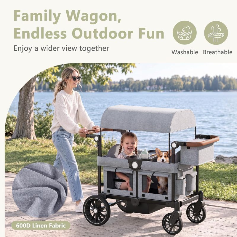 Kinder King Folding Wagon Stroller for 2 Kids, Shock-Absorbing Wheel, Gray
