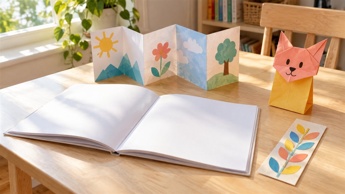 Book crafts for kids with a paper mini book, bookmark and story puppet