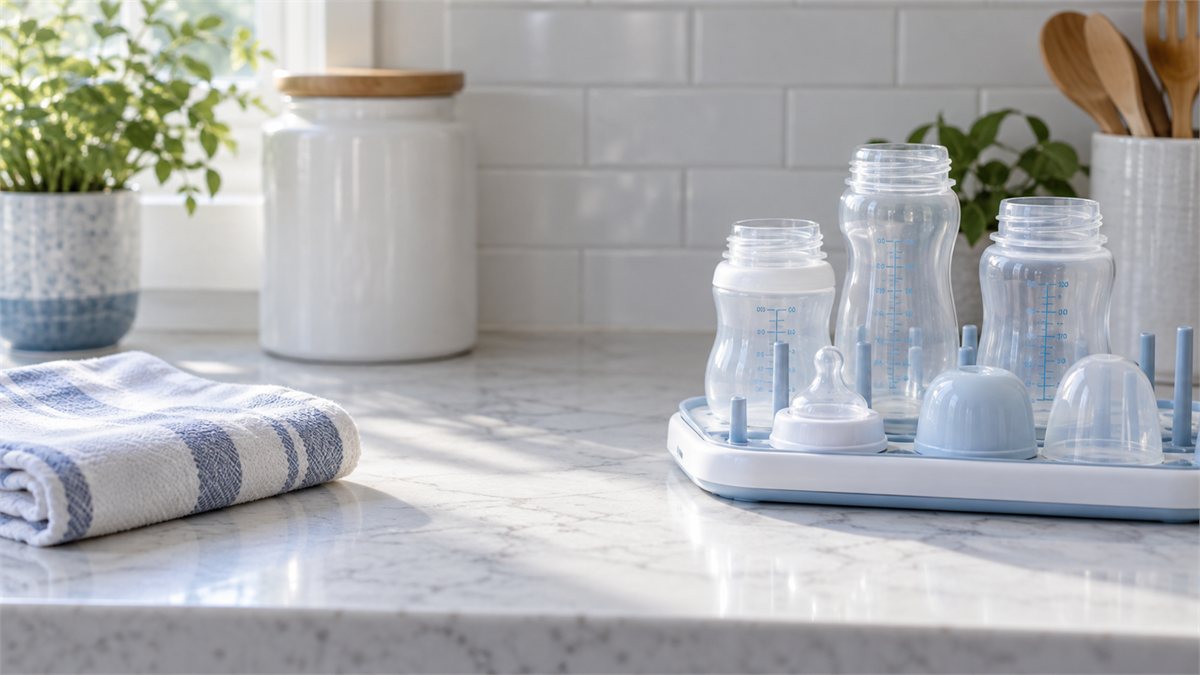 Clean bottles and feeding supplies on a kitchen counter