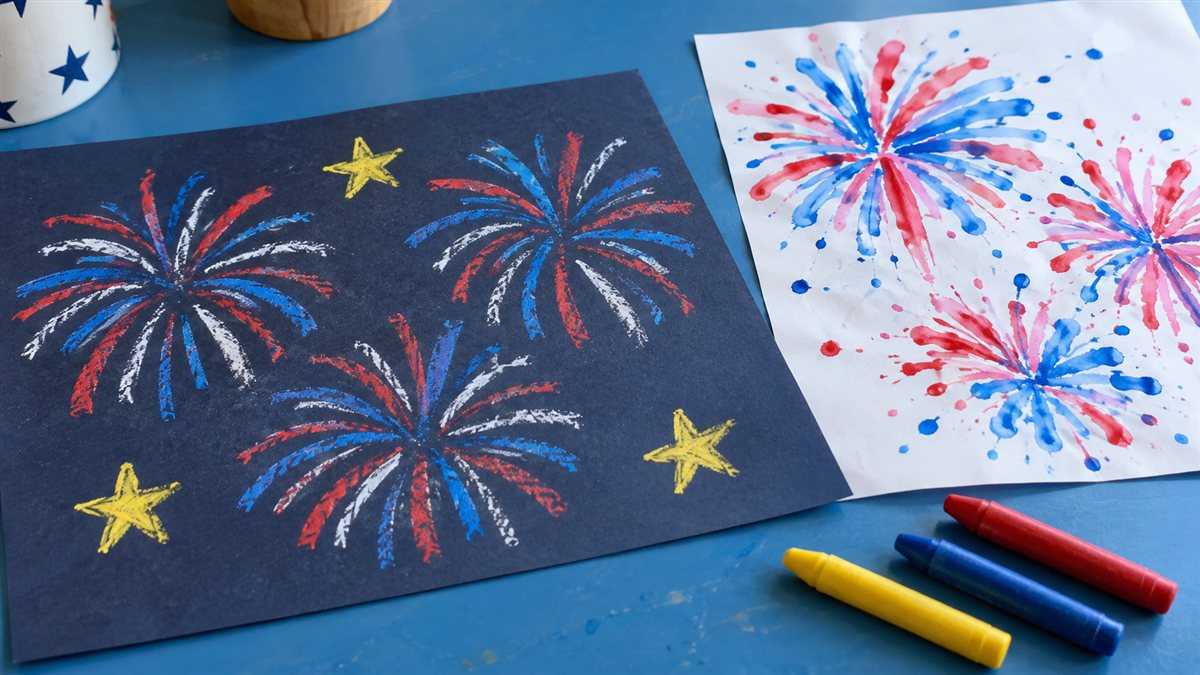Firework crafts for kids made with bright crayon bursts on paper