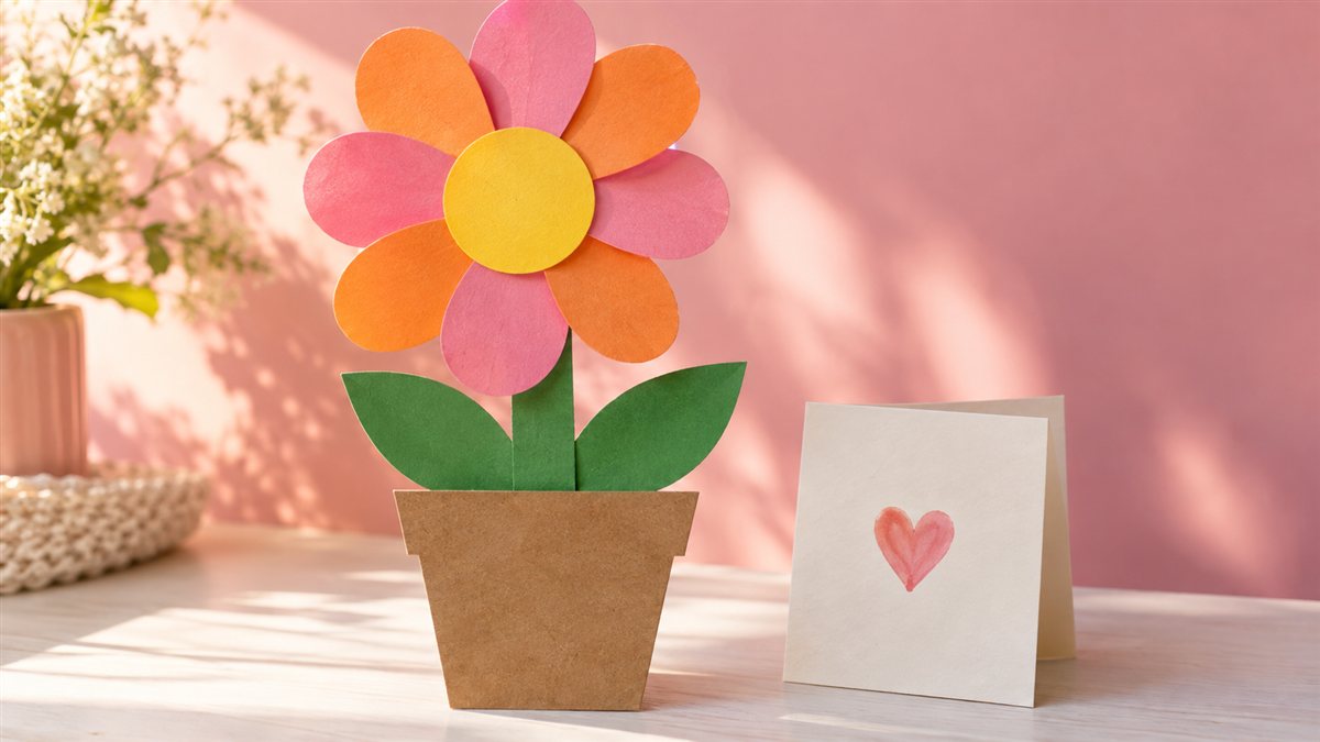 Paper flower craft with a paper pot and pink and orange petals