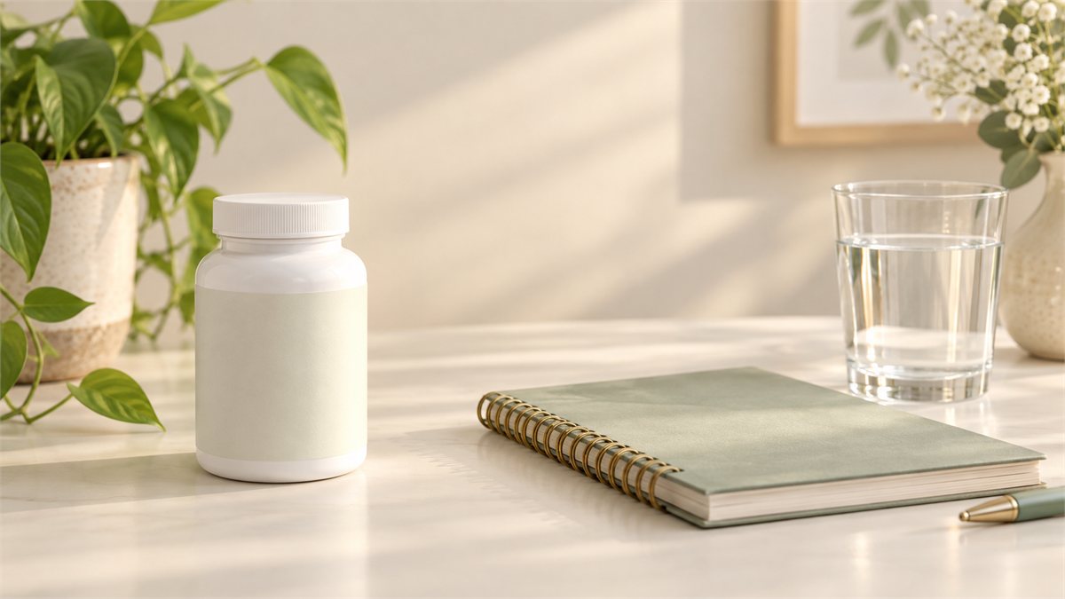 Closed supplement bottle beside a prenatal planning notebook