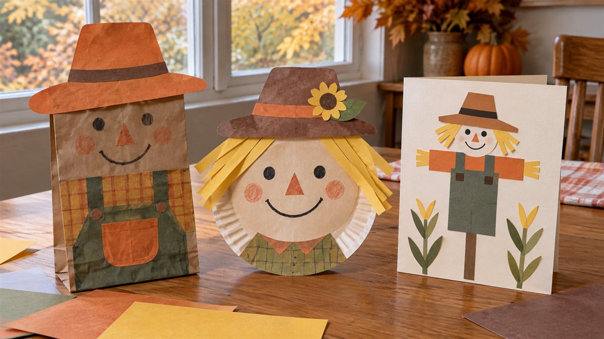 Scarecrow crafts for kids made from a paper bag, plate and folded card