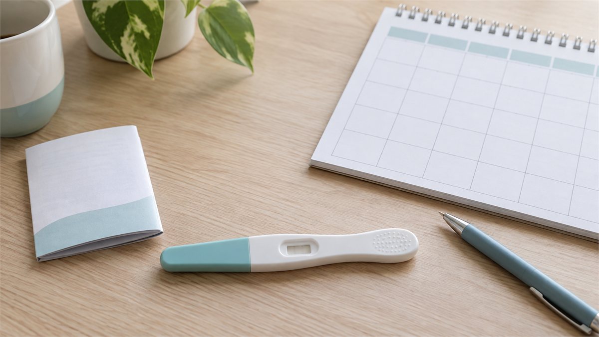 Unbranded pregnancy test beside a calendar and instructions